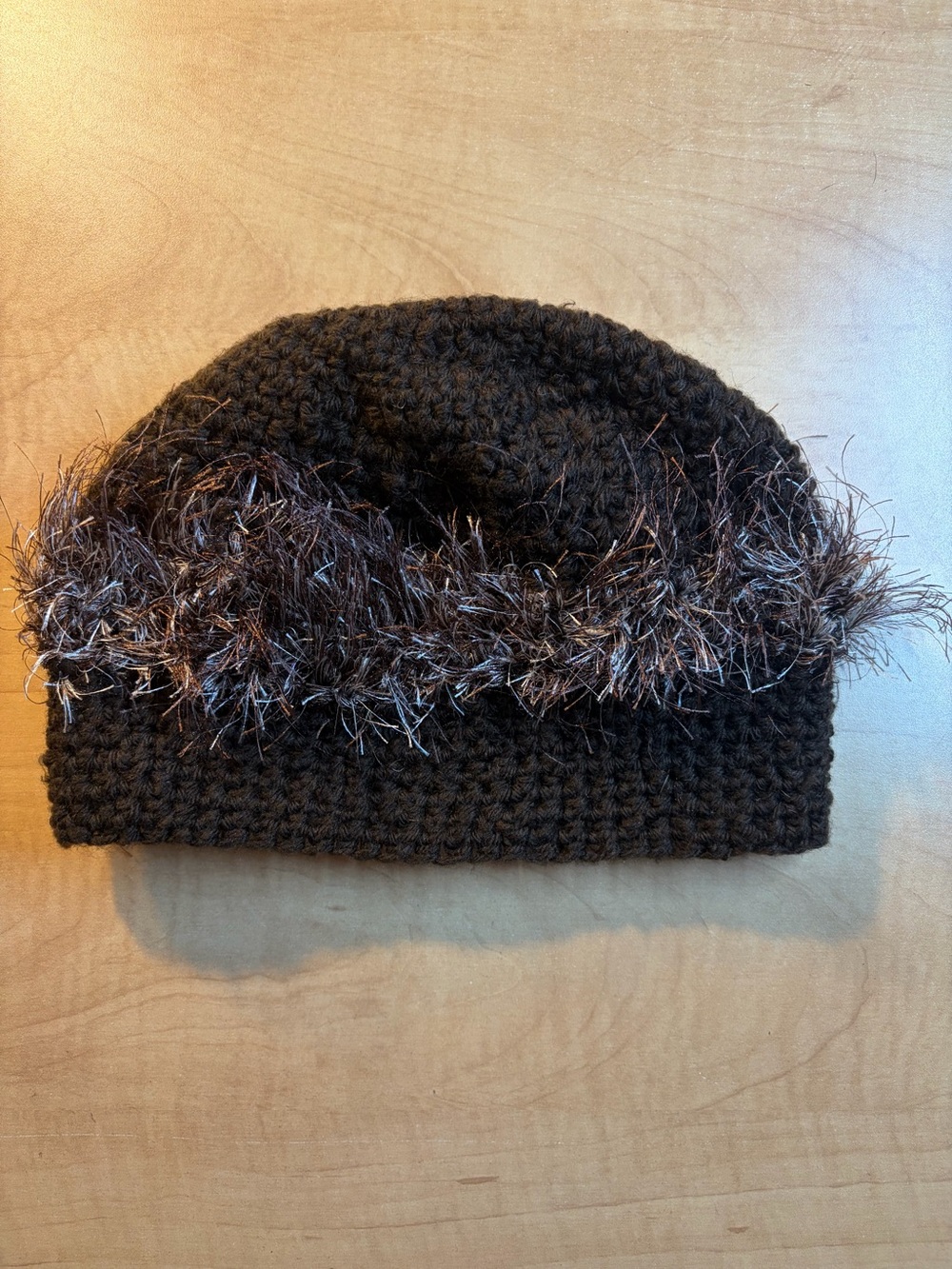 Handmade Fuzzy Cozy Crochet Beanie Hat Brown Eyelash Yarn
